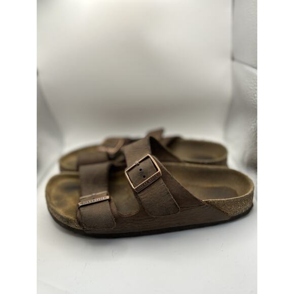 Birkenstock Arizona Sandals Women's 7/38 Brown Black Strappy Slide Slip On - Picture 1 of 7